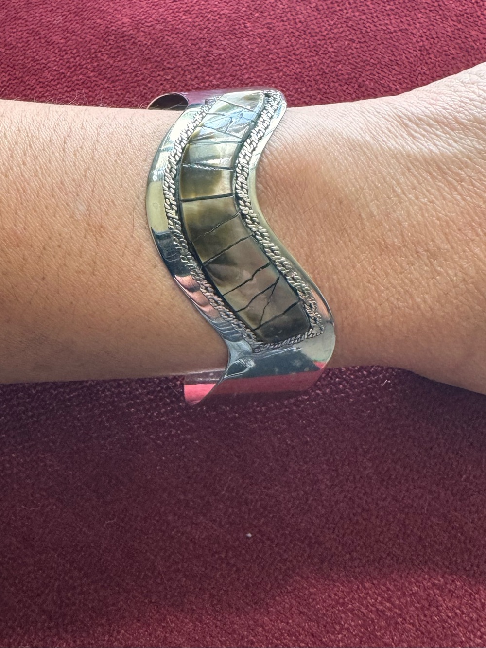 Silver Tone Curved Cuff Bracelet with Olive Inlay